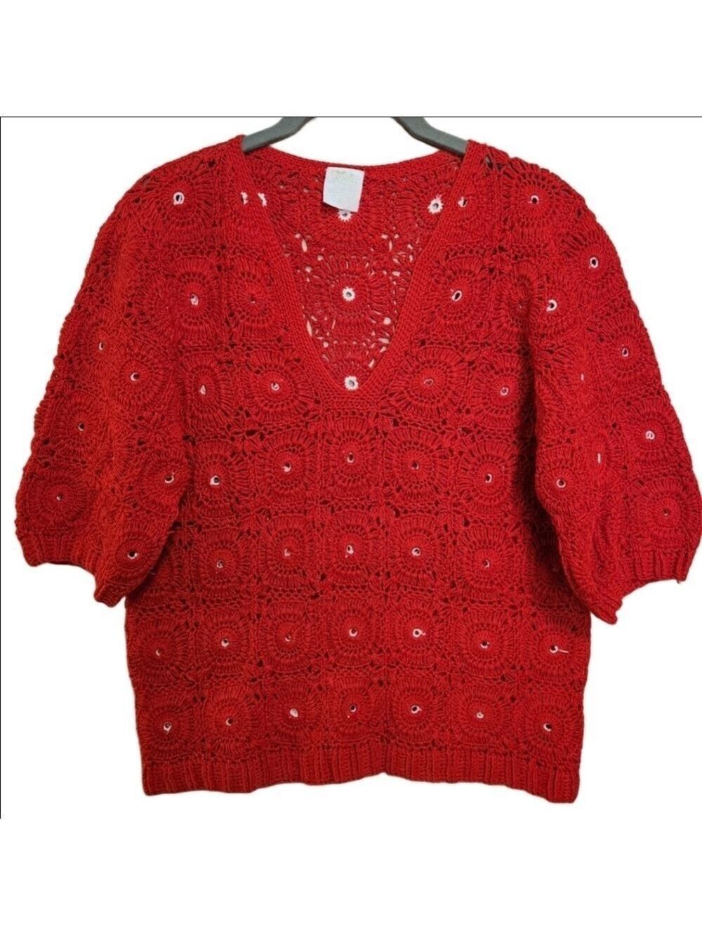 VINTAGE FLAIR GRANNY SQUARE HANDCRAFTED RED CROCHET SHORT SLEEVE SWEATER MEDIUM